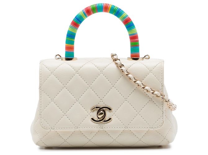 Chanel White Extra Mini Quilted Goatskin Rainbow Top Handle Flap Branco