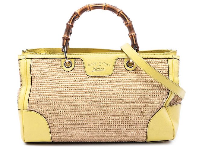 Bamboo Borsa Shopper Satchel Gucci in rafia beige Medium con bambù