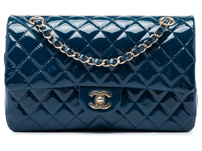 Chanel Blue Medium Classic Patent Double Flap Blu scuro