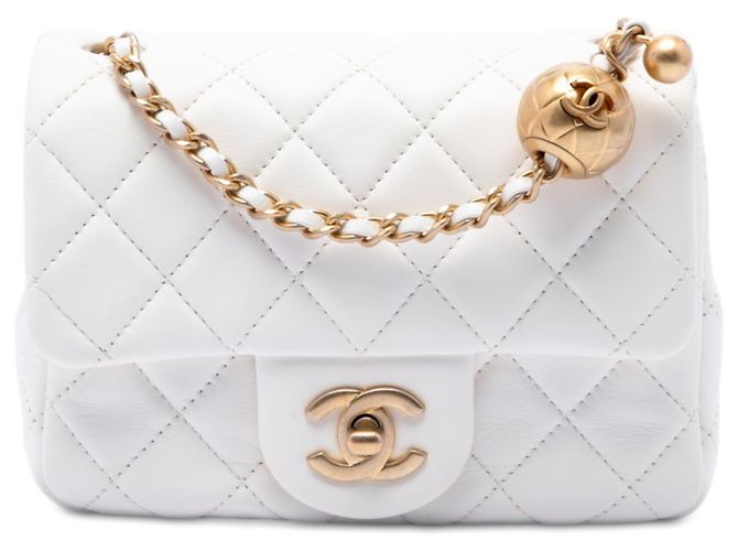 Chanel White Mini Square Classic Lambskin Pearl Crush Single Flap Branco
