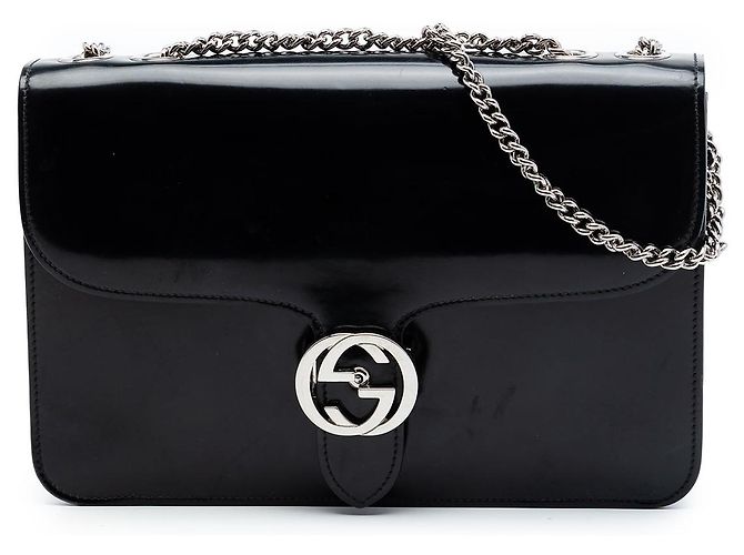 Gucci Borsa a tracolla Medium in vernice nera con G intrecciate Nero