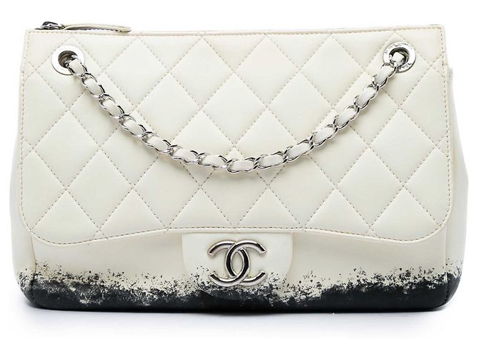 Chanel White Large Quilted Lambskin Blizzard Zip Top Flap Blanco Crudo