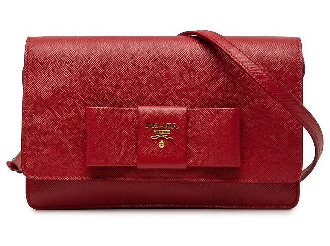Prada Red Saffiano Lux Bow Wallet On Strap