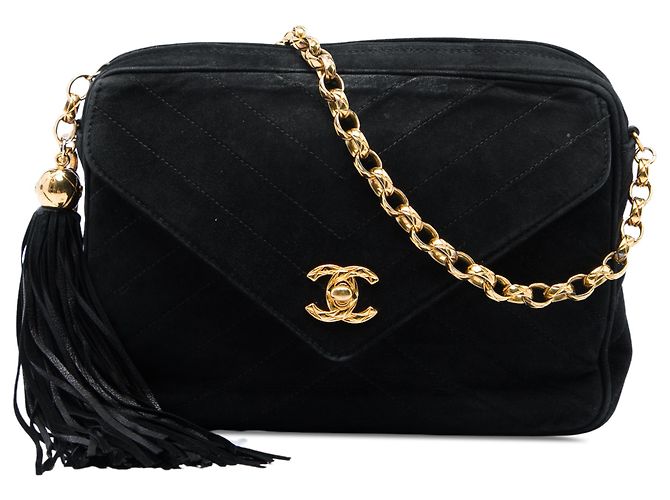 Bolsa Camera Chanel em camurça acolchoada preta com tassel CC Preto