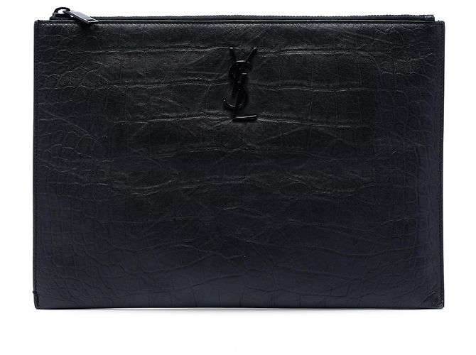 Saint Laurent Black Croc Embossed Leather Monogram Document Holder