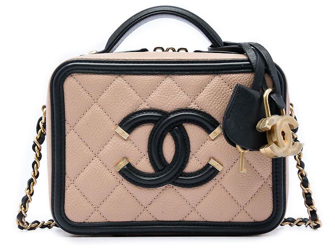 Chanel Vanity Case Small Bicolor Caviar CC Filigree Marron Chair
