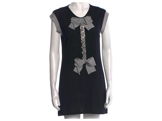 Chanel Vestido de malha preto com laços e corrente Branco