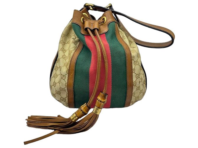 Bamboo Borsa a secchiello Gucci Rania GG Canvas Marrone Rosso Beige Verde