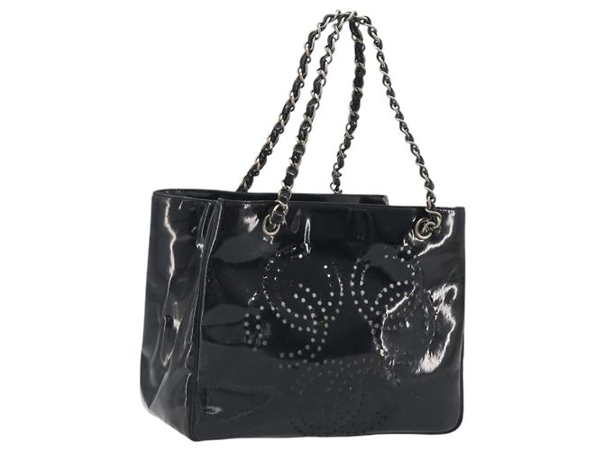 CHANEL Chain Tote Bag Lackleder Schwarz Silber CC Auth BA14897