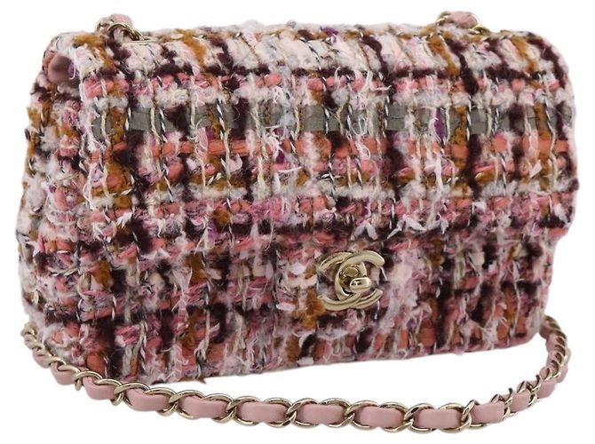 Bolsa de ombro CHANEL Matelasse 20 em tweed rosa com corrente e CC tom dourado Auth BA14811SM