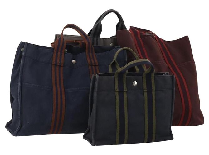 Hermès Bolsa HERMES Fourre Tout em algodão, conjunto de 4, Navy Red gray Auth BA15070 Marrom Vermelho Azul marinho