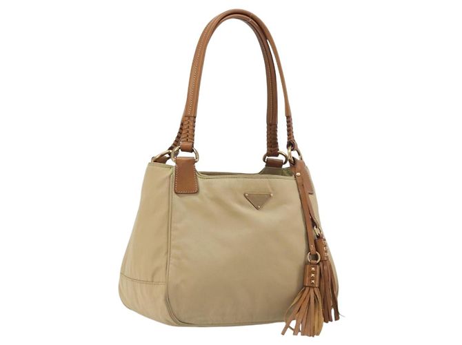 Saco Tote PRADA Nylon Bege Gold Auth 195771V Dourado
