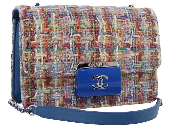 Borsa a tracolla con catena CHANEL Tweed Multicolor Silver CC Auth 196363SM Argento Multicolore