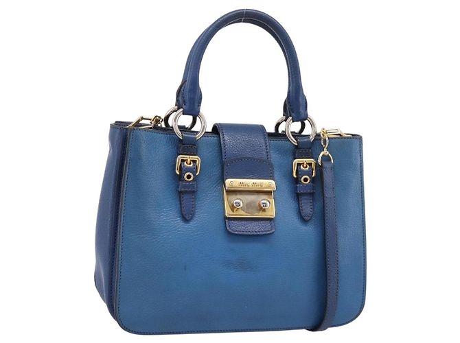Bolsa de mão Miu Miu em couro 2way azul tom dourado Auth 198631A