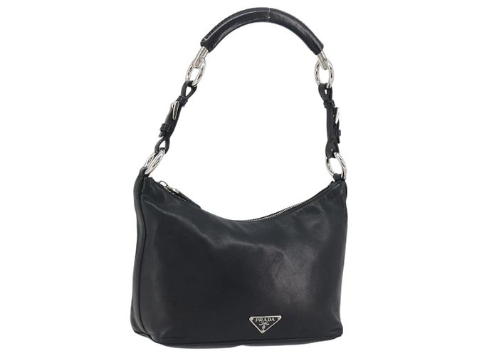 Borsa a mano PRADA in pelle nera argento Auth 197326V Nero