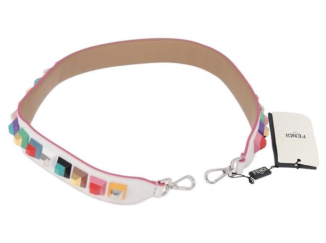 Alça de Ombro FENDI Strap You em Couro Branco Prata Auth 198780M