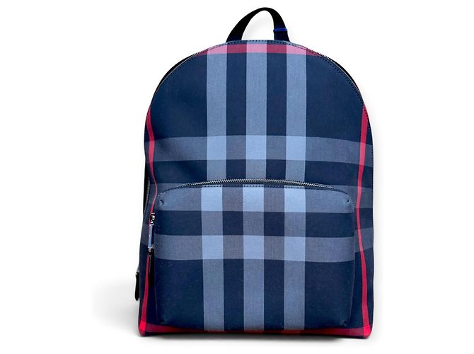 Burberry Check Canvas and Leather Backpack Red Grey Dark blue