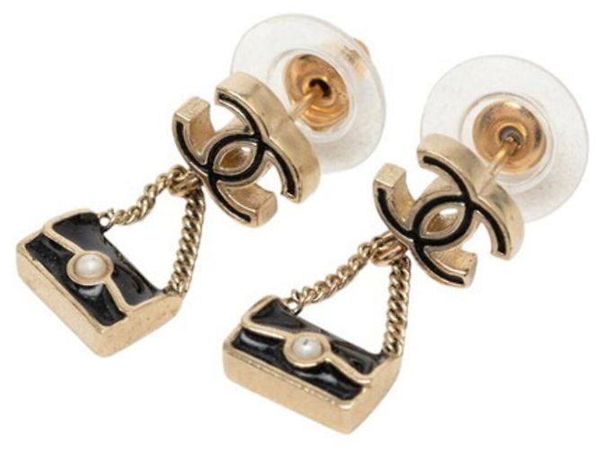 Chanel Coco Mark Handbag Motif Earrings Black Golden