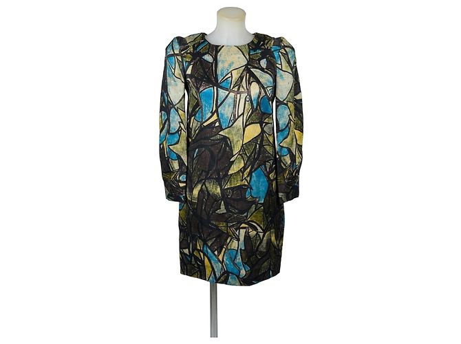 Vestido Marni de seda e lã com estampa abstrata Marrom Preto Azul Verde Amarelo