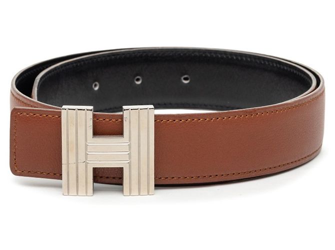 Hermès Cinto Hermes reversível com fivela H Marrom Preto Prata