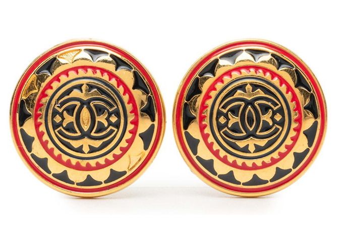 Boucles d'oreilles clips Chanel Coco Mark motif fleurs Noir Rouge Doré