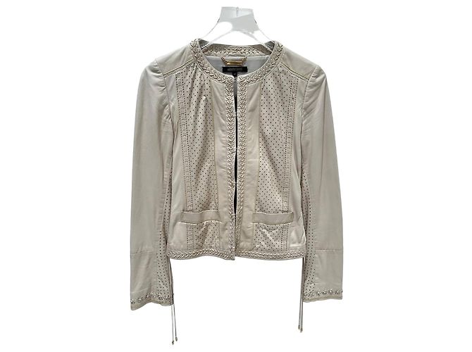 Veste courte en cuir ivoire Roberto Cavalli IT 40 d'occasion