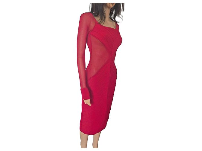 Herve Leger Hervé Léger rotes Bodycon Strickkleid mit Mesh-Einsätzen