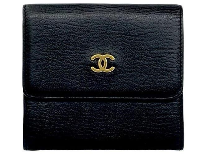 Chanel Coco Mark Hardware Leather Tri-fold Mini Wallet Black