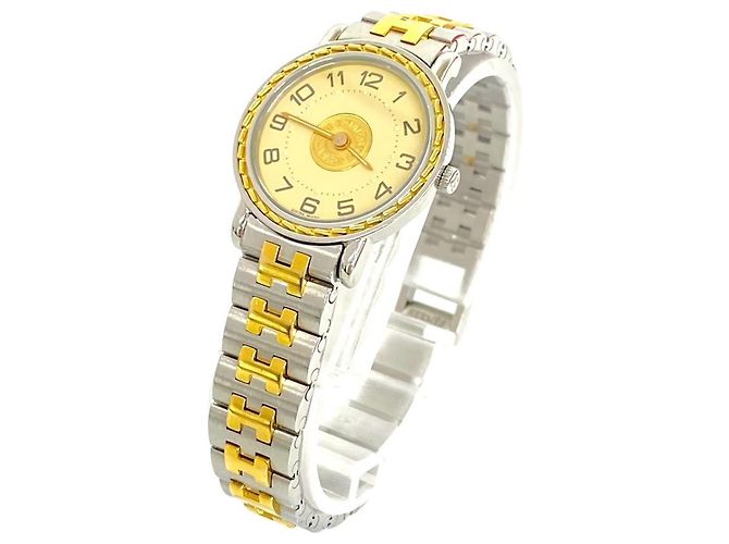 Hermès Reloj de pulsera Hermes Sellier chapado en oro quartz