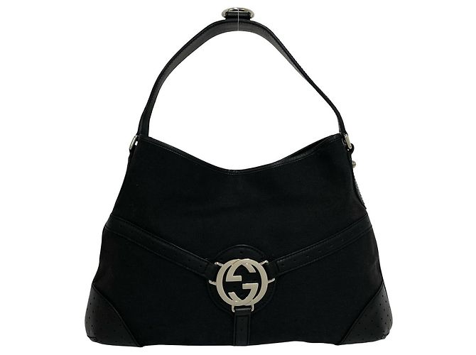 Bolsa Semi One Shoulder em lona e couro com ferragens Interlocking G Gucci Preto