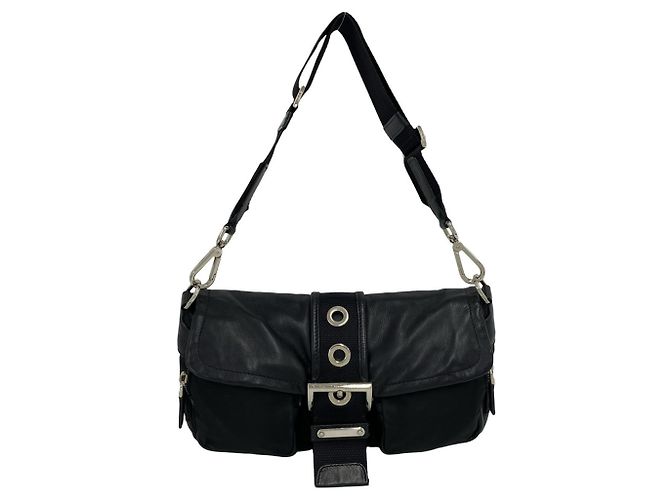 Bolsa semi one shoulder em couro e nylon Tessuto com logo triângulo Prada Preto