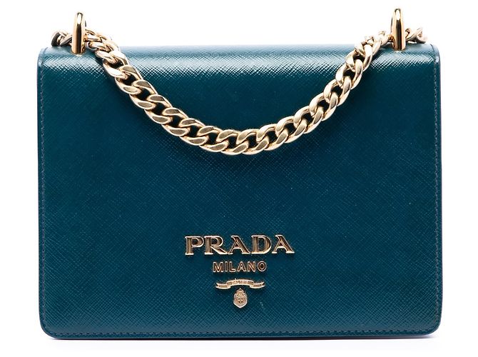 Prada Mini Bolsa Tiracolo com Aba e Corrente em Saffiano Azul
