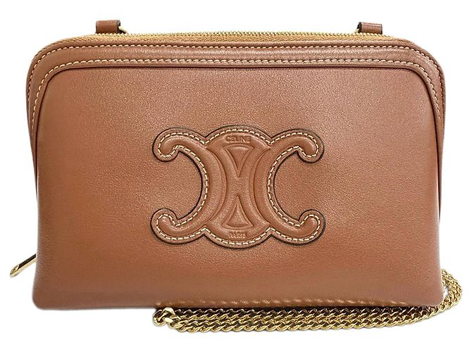 Céline Clutch com corrente Celine Cuir Triomphe em pele de vitelo lisa castanha Marrom