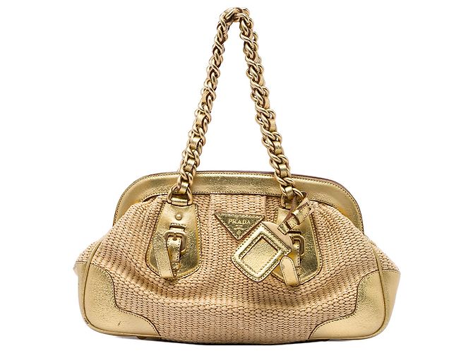 Bolsa de Ombro Prada Paglia com Detalhes Cinghiale Gold Dourado