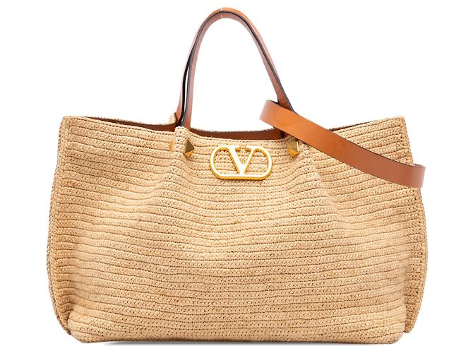Borsa Tote Valentino VLogo in Raphia Beige Medium