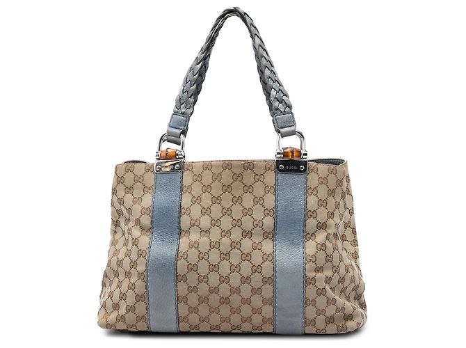Borsa Tote Gucci Beige Medium GG Canvas Bamboo Libeccio Blu chiaro