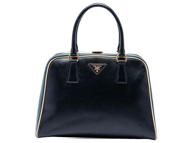 Bolsa Prada Blue Bicolor Saffiano Vernice Pyramid Frame Azul Azul marinho