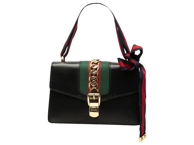 Bolso Satchel Gucci Sylvie Small de piel de becerro negra con Web Negro