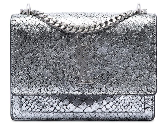 Saint Laurent Silver Medium Python Embossed Leather Monogram Sunset Crossbody Prata