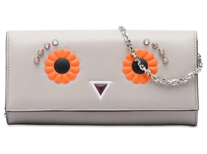 Fendi Beige Leather Studded Faces Wallet on Chain