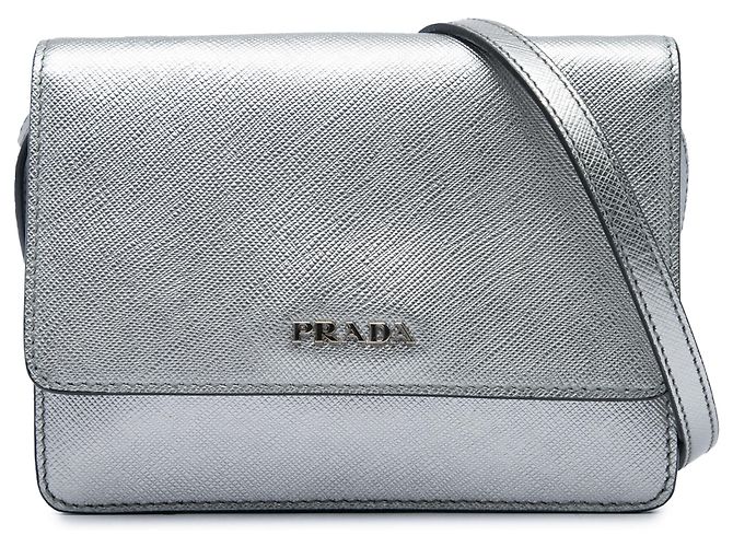 Carteira Prada Silver Saffiano com alça Prata