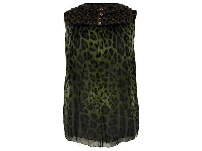 Top senza maniche con stampa leopardata Dolce & Gabbana in seta olive Verde Verde oliva