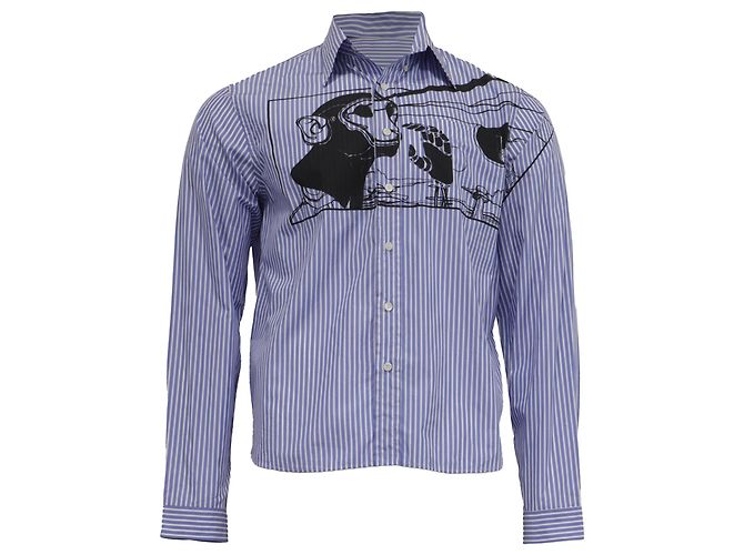 Camisa Prada às riscas com estampado de macaco em algodão azul