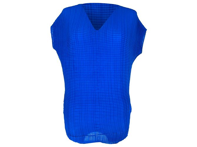 Issey Miyake strukturierte V-Ausschnitt-Bluse aus blauem Polyester