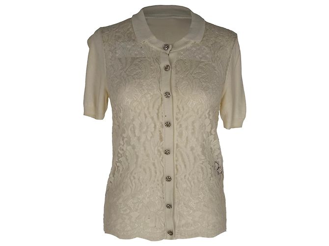 Top de manga curta em malha de renda Dolce & Gabbana em algodão branco