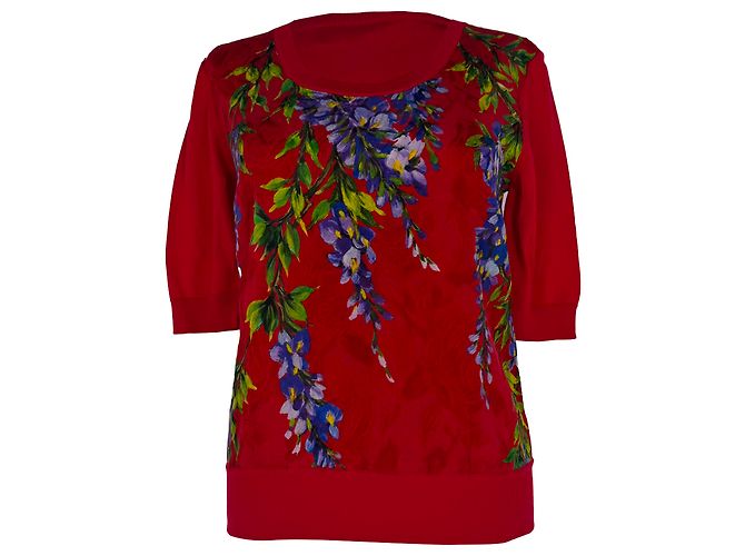 Dolce & Gabbana Kurzarm-Stricktop mit Glyzinien-Print aus roter Seide