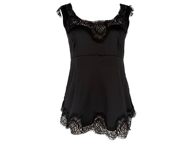 Top sin mangas de seda negra con ribete de encaje Dolce & Gabbana Negro