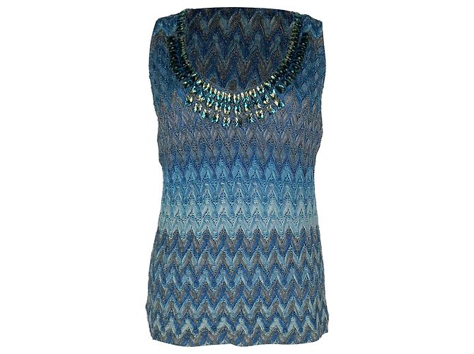 Top Missoni Chevron con cristalli Tan in rayon blu