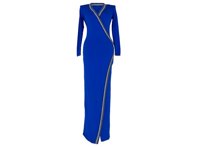 Vestido maxi Balmain com efeito drapeado e cristais em viscose azul