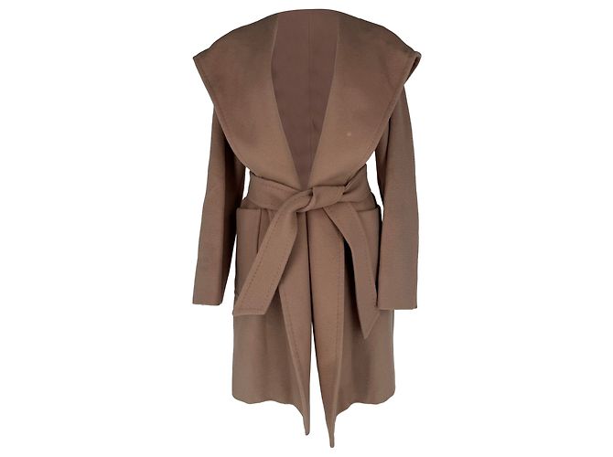 Max Mara Mantel mit Kapuze und Gürtel aus beigem Kamelhaar